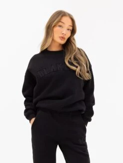 Tonal Varsity Oversized Jumper - Black 3 Tonal Varsity Oversized Jumper - Black -BLAKELY CLOTHING SHOP 3444WBLACK02D